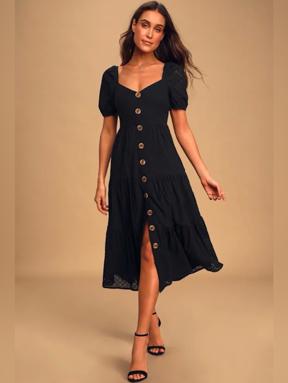 You’re My Home Black Eyelet Lace Button-Front Tiered Puff Sleeve Midi Dress